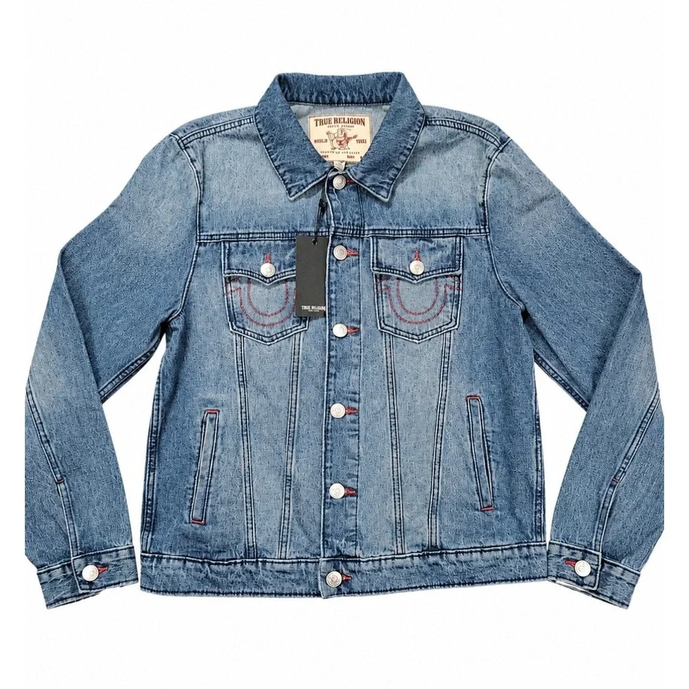 True Religion Denim Button Jacket Men's M Medium Quartz Wash Graphic NWT $184